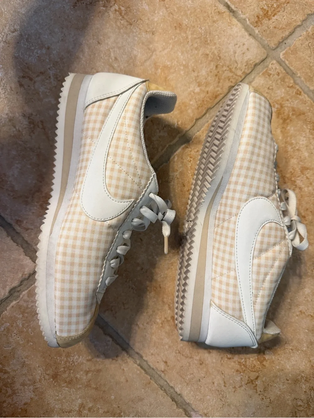 Nike Women’s Gingham Cortez Sneakers in Cream and White